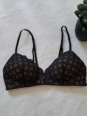 Aerie Lace Bra Womens Size 34C Black Beige  Strappy Wirefree Scalloped Edge